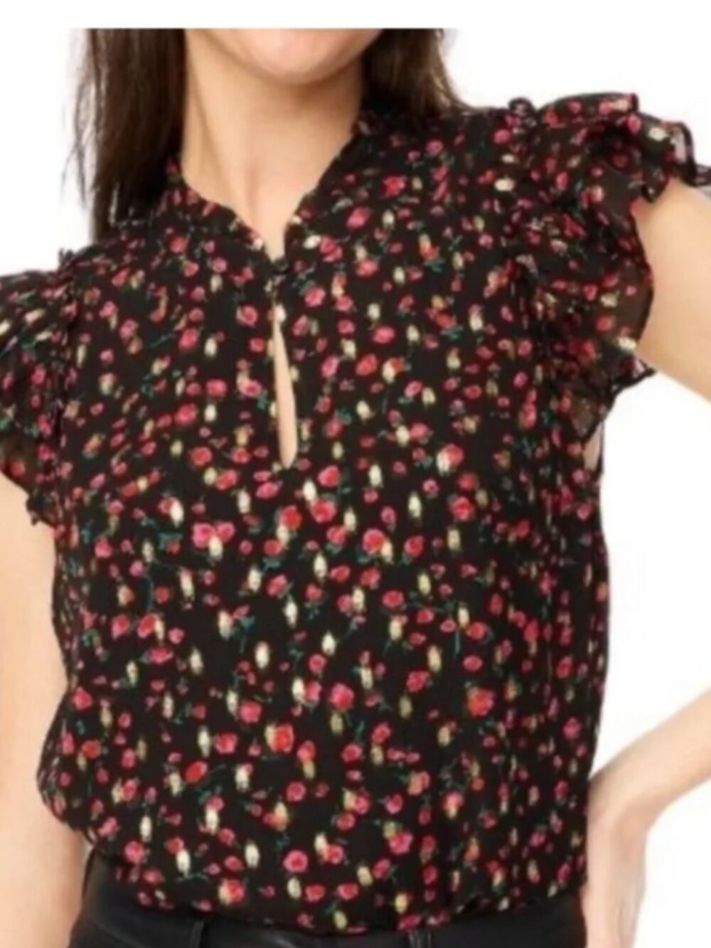 J.Crew Black Floral Metallic Gold Ruffle Sleeve Blouse Top Size Small